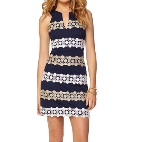 Lilly Pulitzer Navy White Gold Augusta Shift Blue with Lace Trim Cocktail Dress - Picture 4 of 14